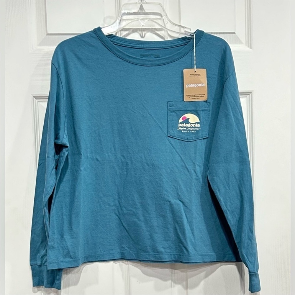 Patagonia Women's Medium Long Sleeve Cut Pocket T-Shirt Wetland Blue NWT Cotton